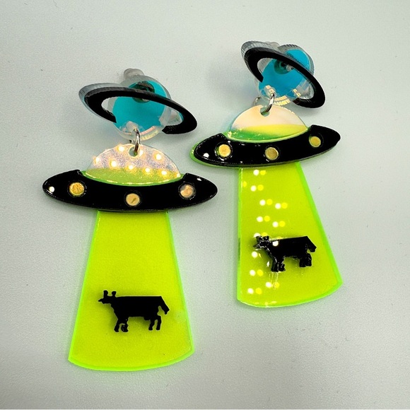 Alien Cow Spaceship Earrings - Neon Green and Black - Pierced - Picture 1 of 8